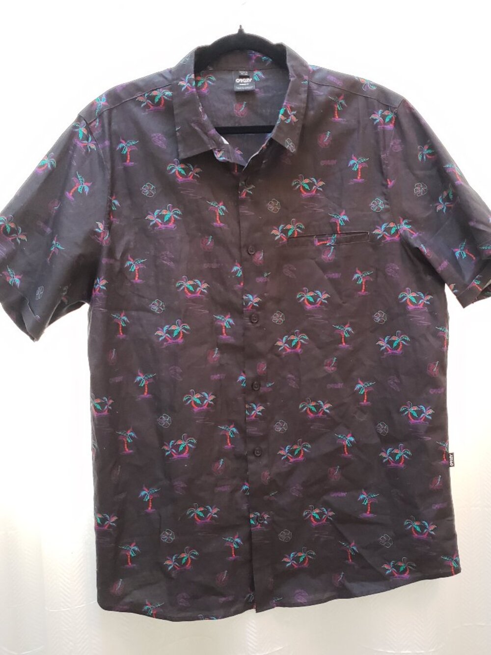 Oakley Palm Tree Print Black Button down 100% Cotton Shirt Men's Size XL